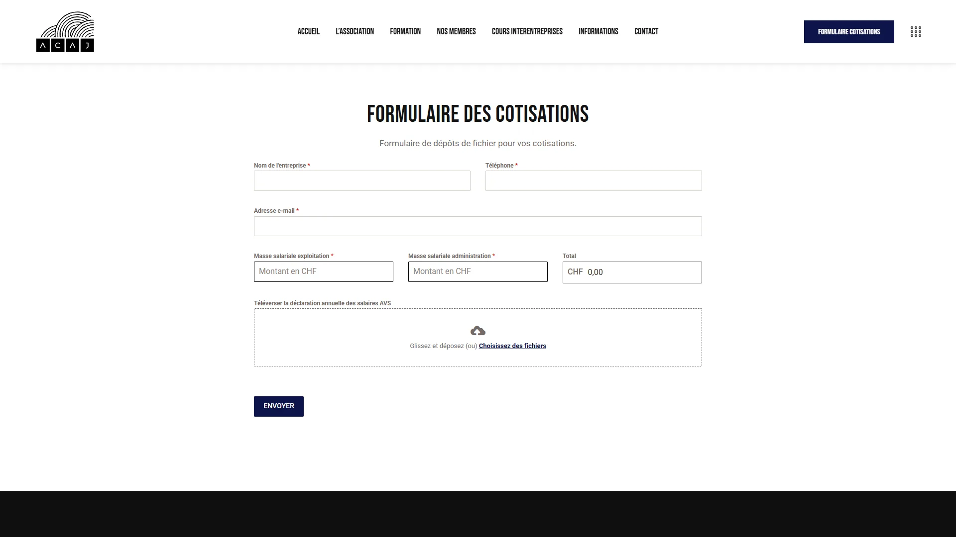 Le formulaire de cotisations, total calculé et dépôt de fichier intégré.