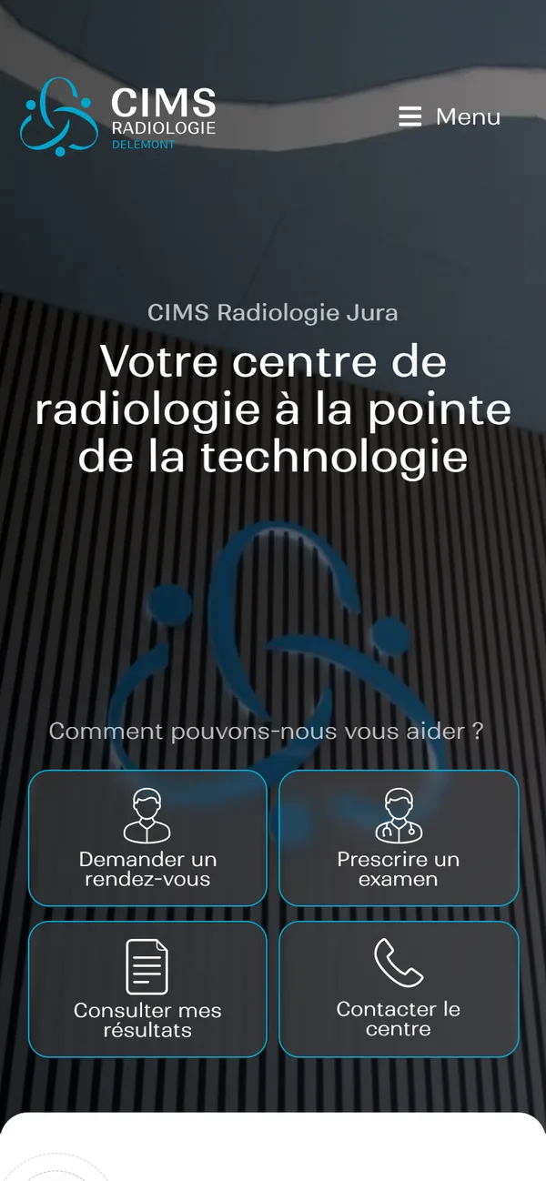 L'accueil du centre et ses trois raccourcis, sur téléphone.