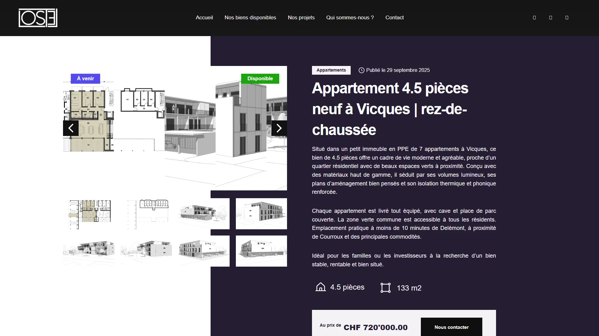 La fiche d'un appartement : plans, description, prix, contact.
