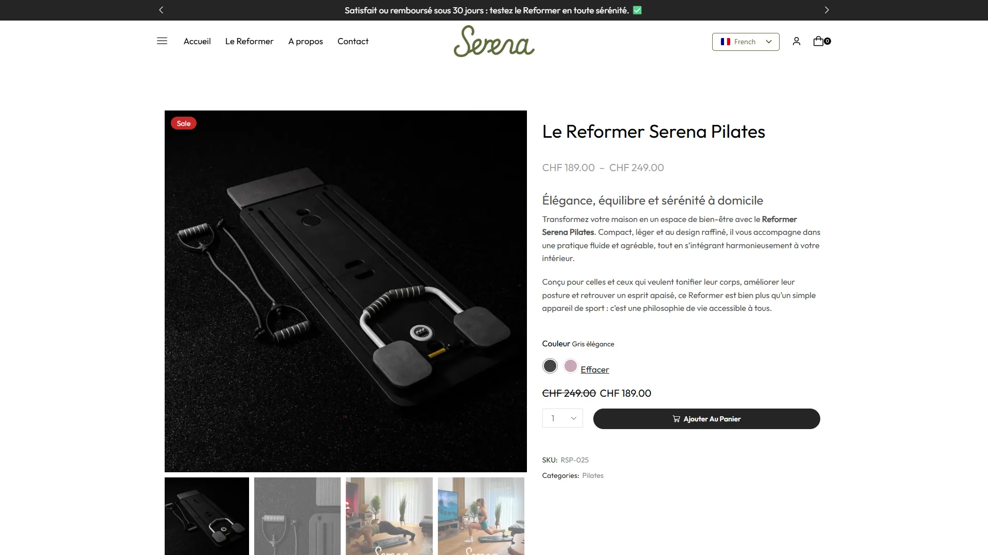 La fiche du Reformer Serena Pilates : prix, coloris, bouton d'achat.