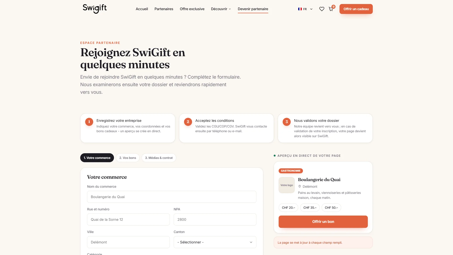 Le formulaire d'inscription, avec l'aperçu de la page en direct.