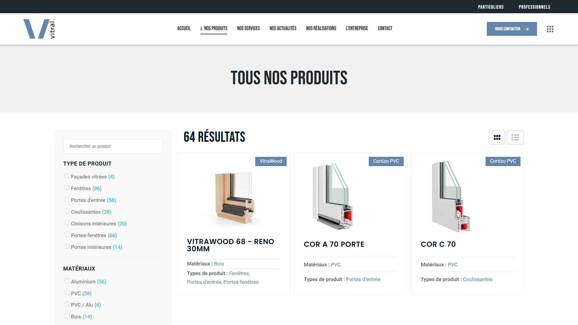 64 références filtrables, le catalogue comme une boutique.