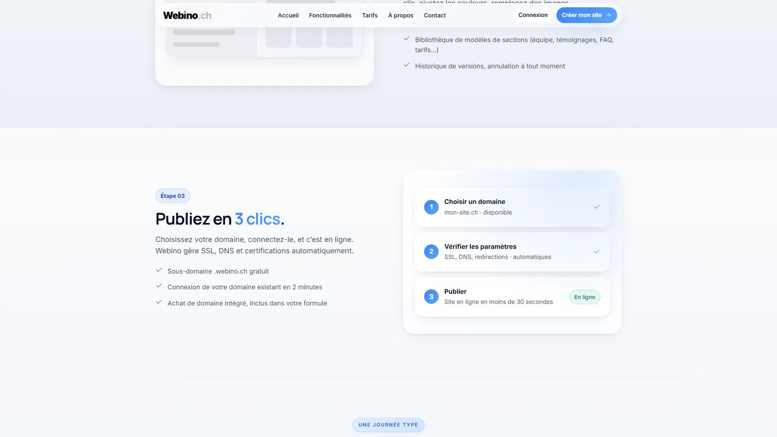 La mise en ligne en trois étapes : domaine, réglages techniques, publication.